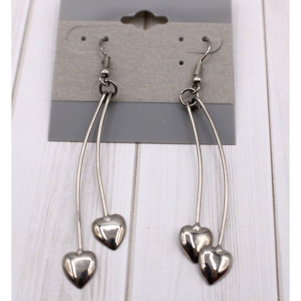 Floating Hearts Dangle Earrings Double Charms Hook Closure Pierced Silver Tone